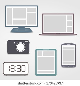 Colored electronics icons set - computer monitor, laptop, digital clock, camera, smartphone and tablet pc, vector eps10 illustration