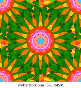 Colored elements. Abstract vector decorative ethnic mandala sketchy seamless pattern. Background.