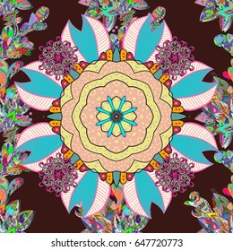 Colored elements. Abstract vector decorative ethnic mandala sketchy seamless pattern on white background.