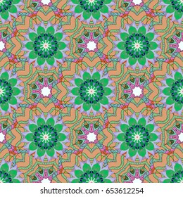 Colored elements. Abstract vector decorative ethnic mandala sketchy seamless pattern on colorful background.