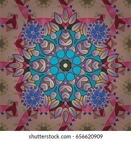 Colored elements. Abstract vector decorative ethnic mandala sketchy seamless pattern on colorful background.
