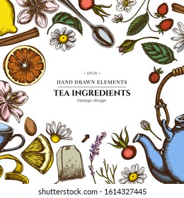 Colored elements design with cinnamon, lemons, oranges, tea bag, sugar cubes, heather, chamomile, dog rose, peppermint, almond, strawberry, teaspoon, teapots, cups, sugar bowl