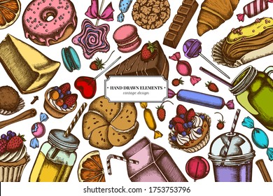 Colored elements design with cinnamon, macaron, lollipop, bar, candies, oranges, buns and bread, croissants and bread, strawberry, milk boxes, smoothie cup, lollipop, smothie jars, cheesecake, eclair