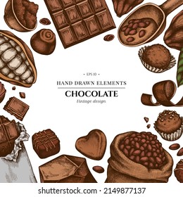 Colored elements design with cocoa beans, cocoa, chocolate, chocolate candies