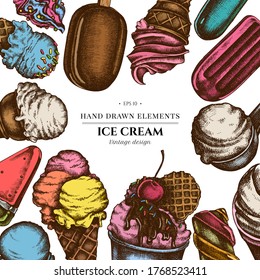 Colored elements design with ice cream bowls, ice cream bucket, popsicle ice cream
