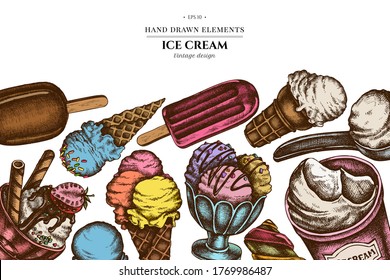 Colored elements design with ice cream bowls, ice cream bucket, popsicle ice cream, ice cream cones