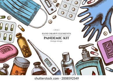 Colored elements design with pills and medicines, medical face mask, sanitizer bottles, medical thermometer, coronavirus rapid test, soap, medical gloves