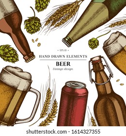 Colored elements design with rye, hop, mug of beer, bottles of beer, aluminum can