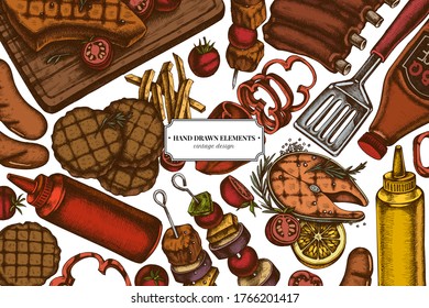 Colored elements design with spatula, Pork ribs, kebab, sausages, steak, sauce bottles, grilled burger patties, grilled tomato, grilled salmon steak, grilled bell pepper