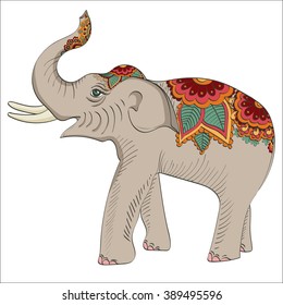 Colored elephant with oriental floral ornament. Vector illustration. Paisley  doodle with flowers. Indian zentangle. Pattern for design invitation, card, tattoo, poster, henna drawing, t-shirt print.