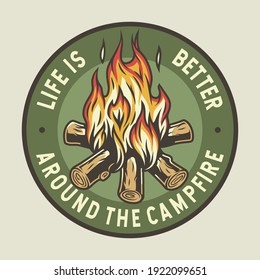 Colored emblem of burning campfire with flame for camping design or t-shirt print