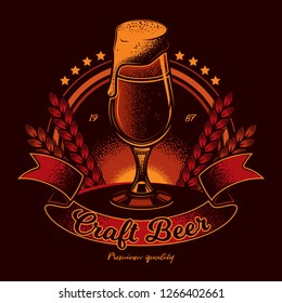 Colored emblem craft beer. Glass with foam on the background of dawn and with the inscription on the tape. Vector illustration. T-shirt or logo design.