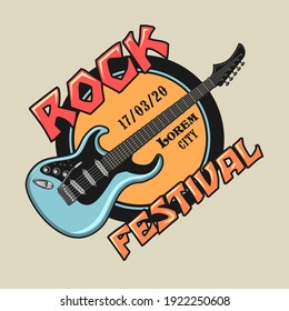 Emblema de color con guitarra eléctrica. Elementos de diseño coloridos en vivo concierto de rock en la ciudad. Festival de música rock y concepto de entretenimiento para estampado de banda, etiqueta, plantilla de signo