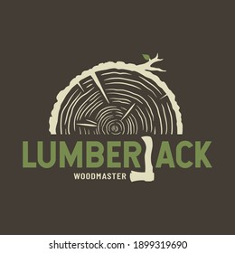 Colored emblem of lumber wood with axe lumberjack for camping, carpentry or woodworking design