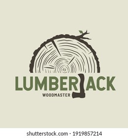 Colored emblem of lumber wood with axe lumberjack for camping, carpentry or woodworking design
