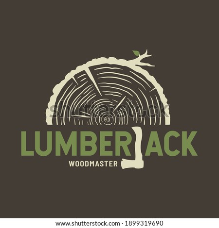 Colored emblem of lumber wood with axe lumberjack for camping, carpentry or woodworking design