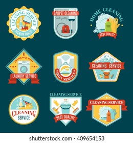 Colored emblem set with types of cleaning services and tools for cleaning and washing colored with different shapes vector illustration