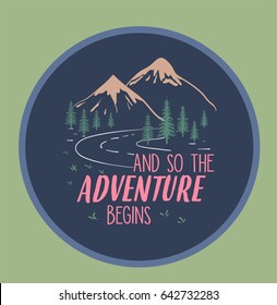 Colored emblem/logotype, poster with , mountains, trees and road. Adventure time