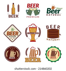 Colored emblems of fresh natural cold premium beer alcohol beverage isolated vector illustration