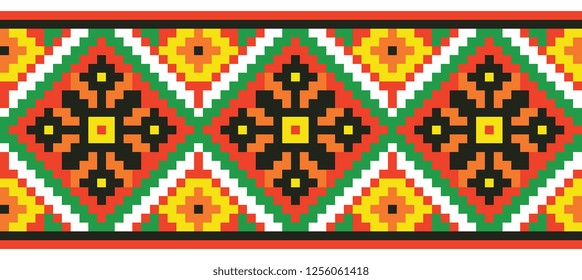 colored embroidery border. ethnic ukrainian ornament in cross stitch style. hutsul colors