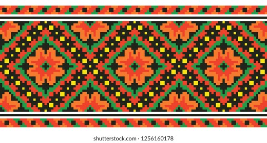 colored embroidery border. ethnic ukrainian ornament in cross stitch style. hutsul colors