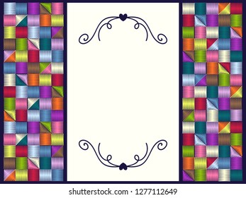 Colored embroidery squares on a dark background-blank for cards, banners, cards, photo album page