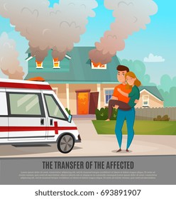Colored emergency first aid people poster with the transfer of the affected headline vector illustration