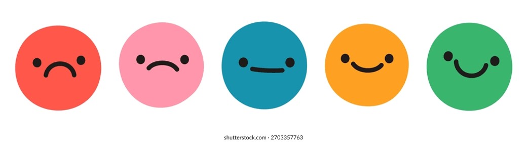 Conjunto de emojis de colores, Comentarios positivo y negativo, concepto de revisión Cliente. Caras con diversas expresiones, tristes, neutrales y felices. Ilustración vectorial plana moderna aislada sobre fondo transparente