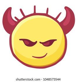 Colored emoticons icon imp, smiley with horns and a smirk, Angry emoji.  Funny hand drawn head with protruding hair head, emoticon evil, isolated on transparent background 