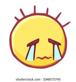 Colored emoticons icon,  smiley with wavy lips and streams of tears, Crying Sad Emoji A Face. Funny hand drawn head with protruding hair head, emoticon Cry, isolated on transparent background 