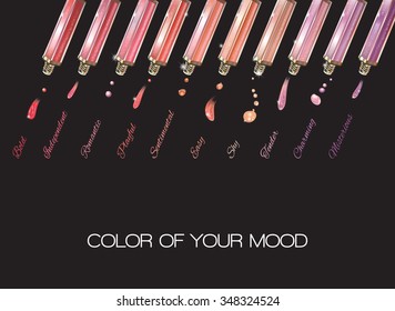 Colored emotions lip gloss set on black background. Vector illustration   