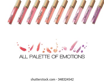   Colored emotions lip gloss set on white background. Vector illustration 