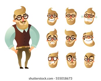 Colored emotions man icon set with figure of hipster and his face expressions vector illustration
