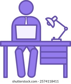 Colored Employee Icon. Vector Icon. Man Working on Laptop. Desk and Lamp. Office Concept