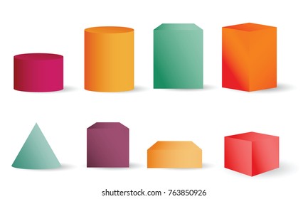 Colored empty 3D cylinders, cone and cubes. Cylinder geometric element, shape geometry figure collection vector illustration for science design isolated on white background