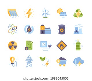 Colored Energy Types Vector Icons. Hydroelectric Power Station, Fossil Fuels, Battery, Solar Cells, Power line, , Nuclear Power Plant, Radiation. Set of Colorful Simple Style Flat Vector Illustrations