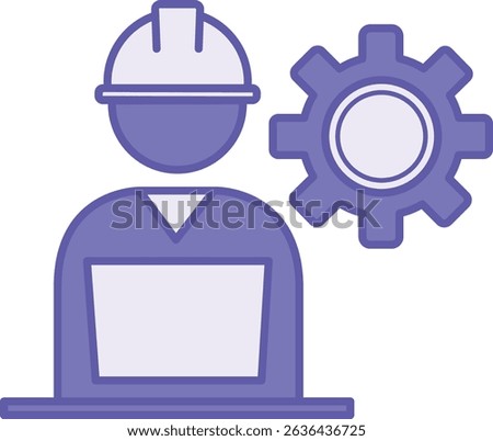 Colored Engineer Icon. Vector Illustration. Man in Helmet and Laptop, Gear. Specialist Engaged in Engineering. Production, Construction. Engineering Concept