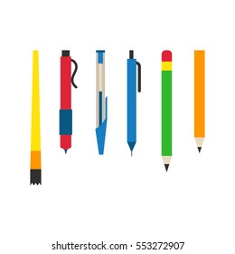 Colored engineering office pens and pencils vector illustration