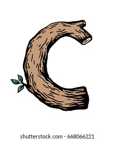 Colored engraving Letter C  made of wood with leaves on the white background