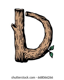 Colored engraving Letter D  made of wood with leaves on the white background