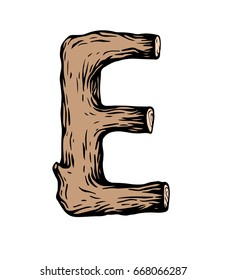 Colored engraving Letter E  made of wood on the white background