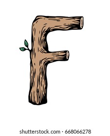 Colored engraving Letter F  made of wood with leaves on the white background