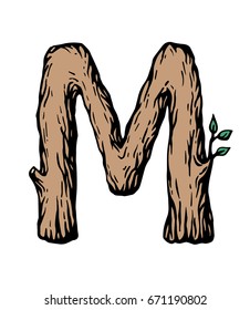 Colored engraving Letter M made of wood with leaves on the white background