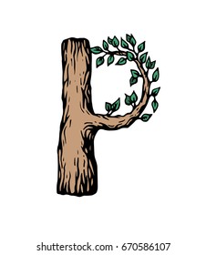 Colored engraving Letter P made of wood with leaves on the white background