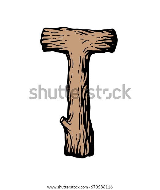 Colored engraving Letter T made of wood with leaves on the white background