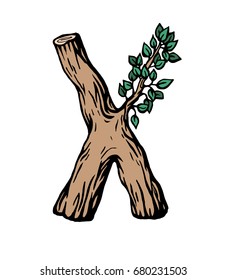 Colored engraving Letter X  made of wood with leaves on the white background