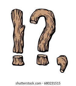 Colored engraving punctuation marks !?, (Question mark, exclamation point, comma)  made of wood on the white background