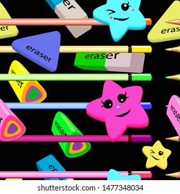 Colored erasers and pencils on a seamless pattern. School attributes. Ornament for fabric or packaging on a black background.