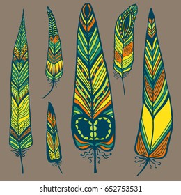 Colored ethnic feathers set vector illustration isolated elements hand drawing