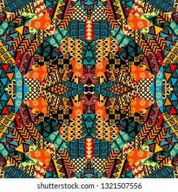 Colored ethnic patchwork mosaic with african motifs